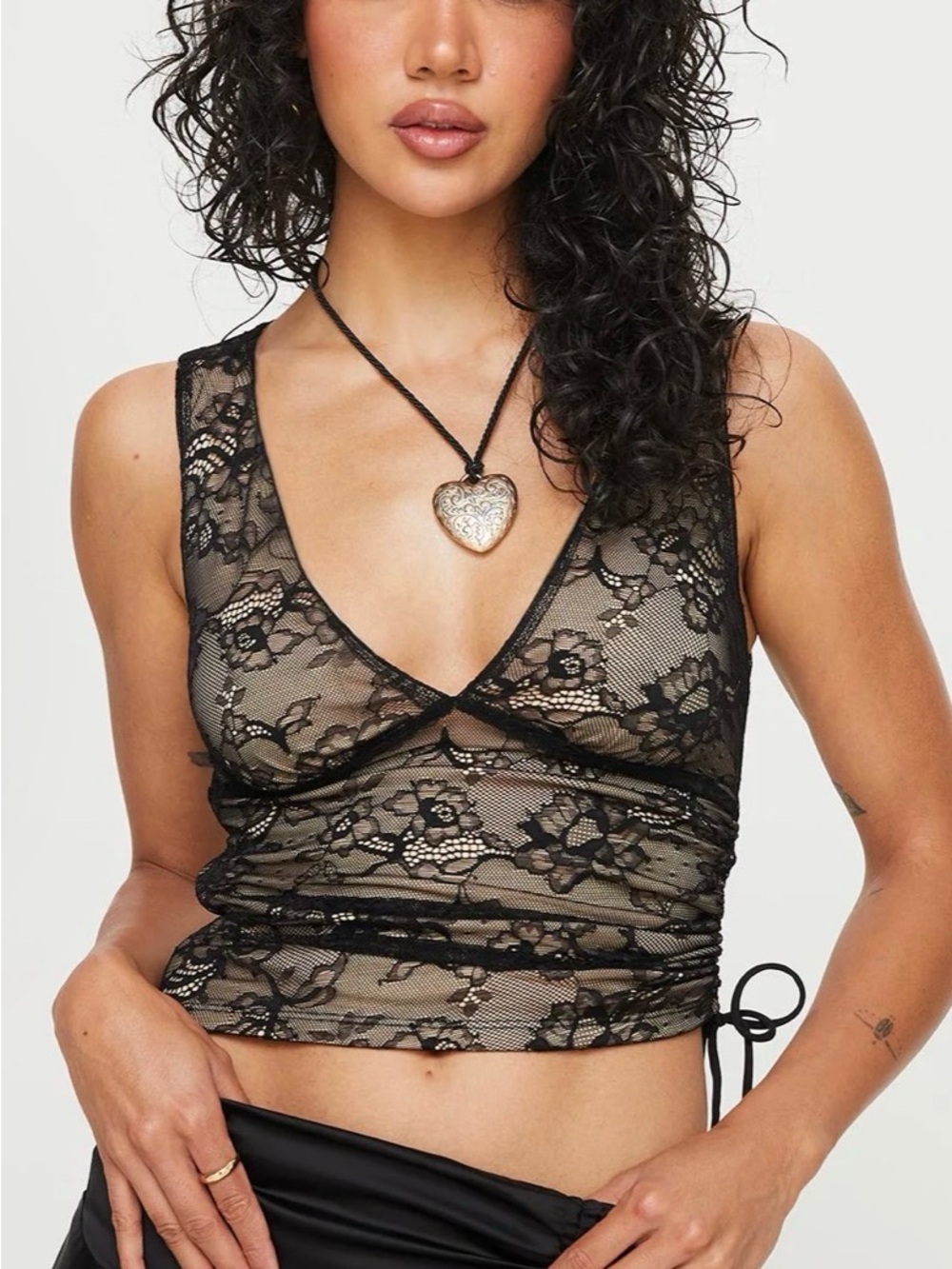 Princess Polly Black Floral Lace Sheer V-Neck Camisole